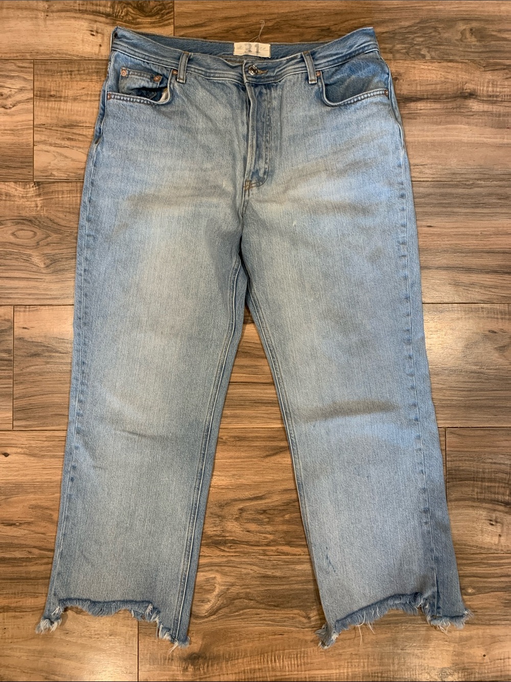 Women's We The Free Blue Denim Straight Leg Button Fly Raw Hem Mid Rise 31